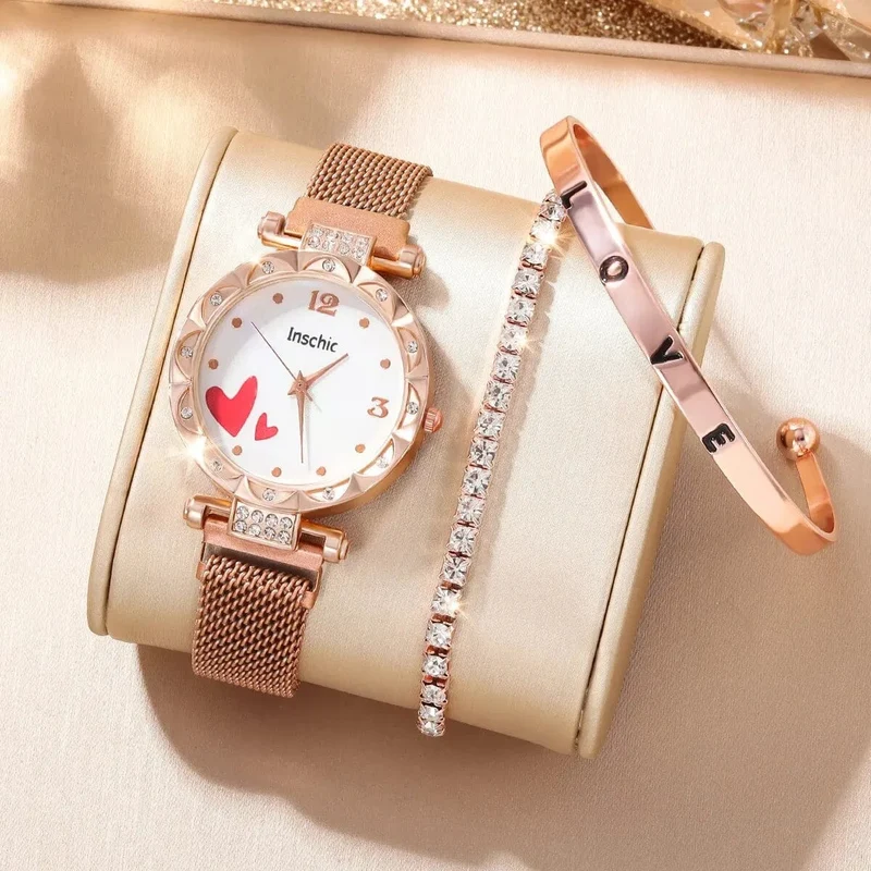 3 STÜCKE Neue Damenmode Digitale Rhindiamonds Faul Legierung Mit Quarzuhr Luxus Rubin Liebe Armband Geburtstagsgeschenk Set