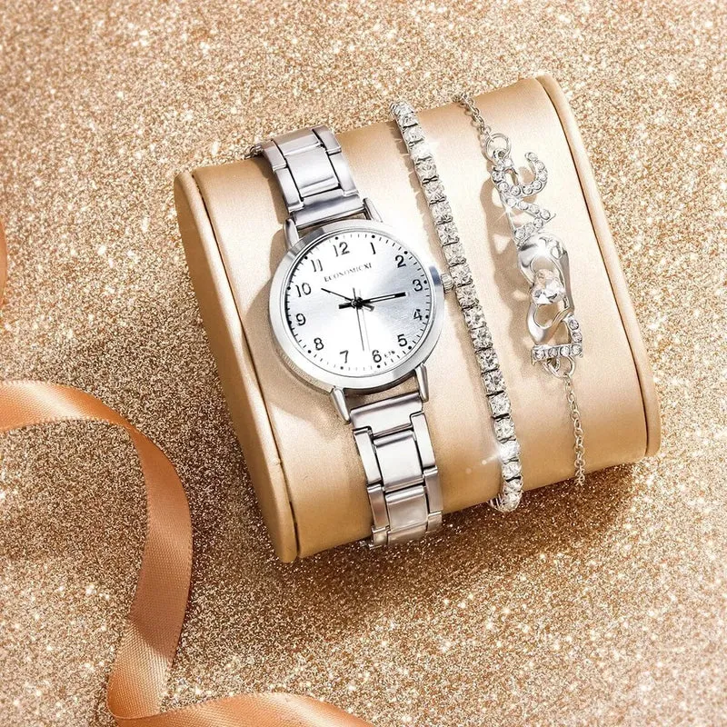 3 STÜCKE Neue Damenmode Digitale Rhindiamonds Faul Legierung Mit Quarzuhr Luxus Rubin Liebe Armband Geburtstagsgeschenk Set