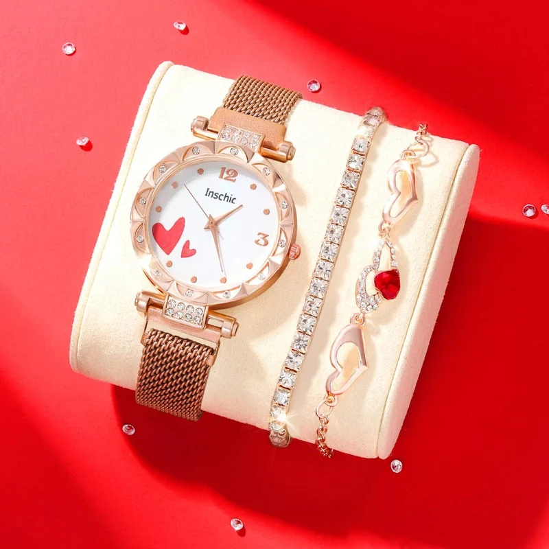 3 STÜCKE Neue Damenmode Digitale Rhindiamonds Faul Legierung Mit Quarzuhr Luxus Rubin Liebe Armband Geburtstagsgeschenk Set
