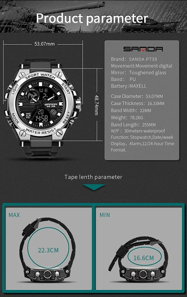 SANDA G Style Herren Digitaluhr Datum Militär Sportuhren Wasserdichte elektronische Armbanduhr Herrenuhr Orologio da uomo 739