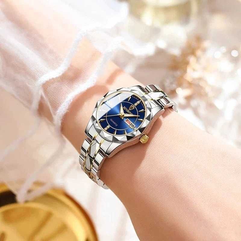Japan Quarzwerk Goldene Uhren Frauen Top-Marke Luxus Edelstahlarmband Datum Woche Uhr Uhr Reloj Hombre