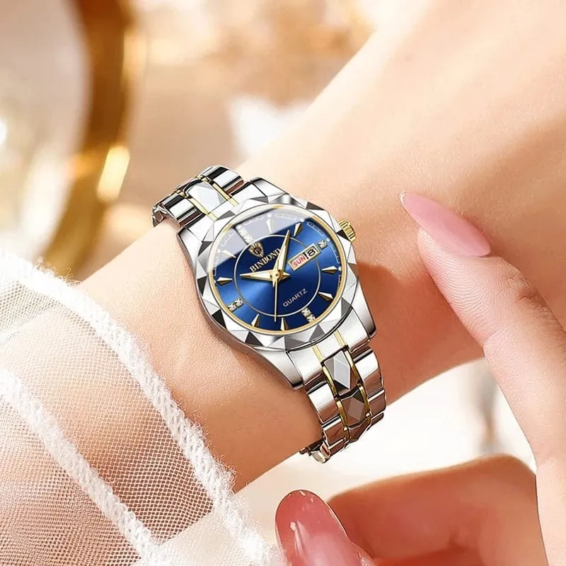 Japan Quarzwerk Goldene Uhren Frauen Top-Marke Luxus Edelstahlarmband Datum Woche Uhr Uhr Reloj Hombre