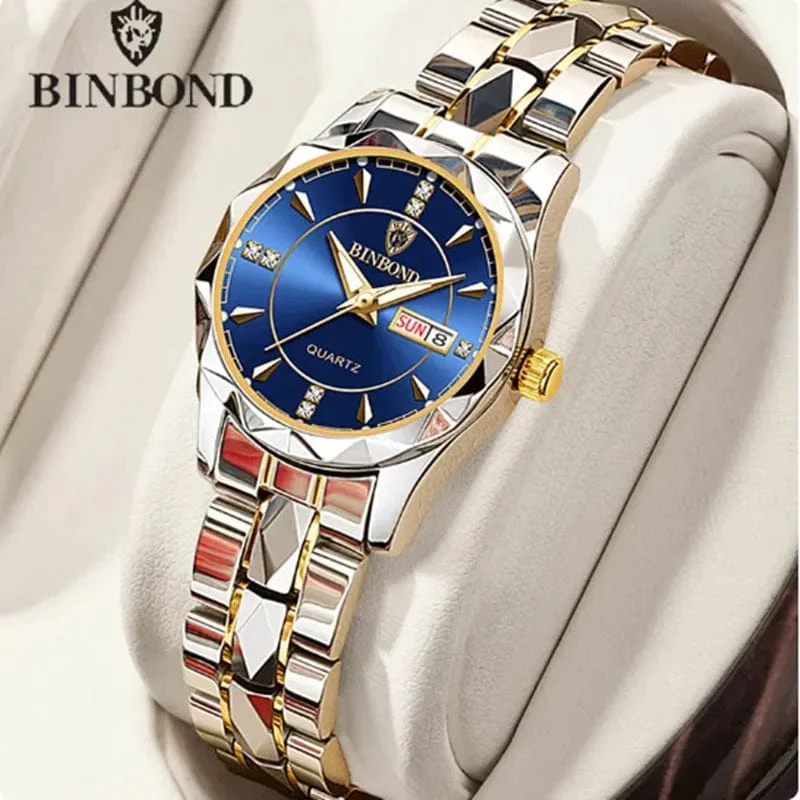 Japan Quarzwerk Goldene Uhren Frauen Top-Marke Luxus Edelstahlarmband Datum Woche Uhr Uhr Reloj Hombre
