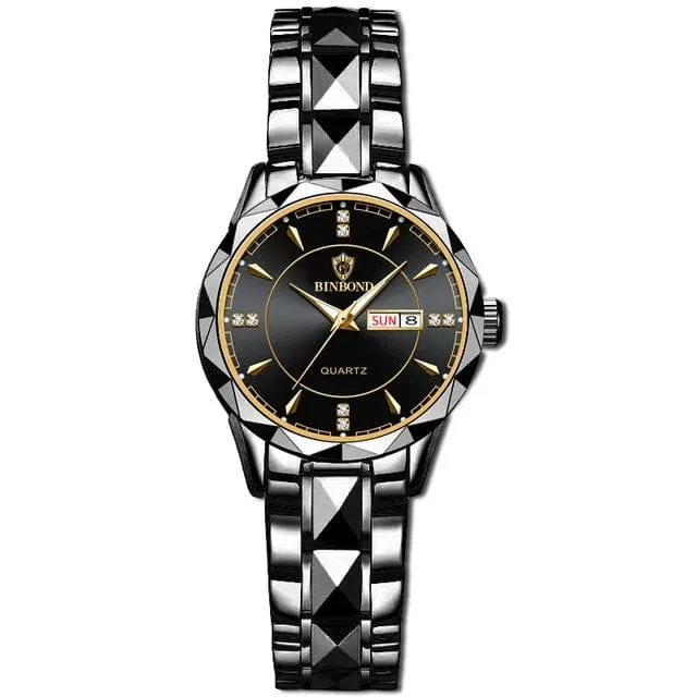 Japan Quarzwerk Goldene Uhren Frauen Top-Marke Luxus Edelstahlarmband Datum Woche Uhr Uhr Reloj Hombre