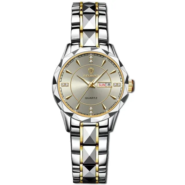 Japan Quarzwerk Goldene Uhren Frauen Top-Marke Luxus Edelstahlarmband Datum Woche Uhr Uhr Reloj Hombre