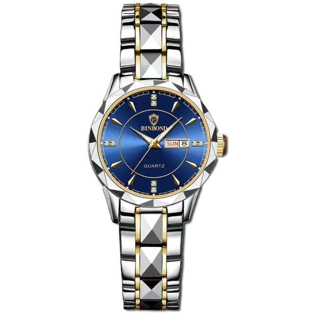 Japan Quarzwerk Goldene Uhren Frauen Top-Marke Luxus Edelstahlarmband Datum Woche Uhr Uhr Reloj Hombre