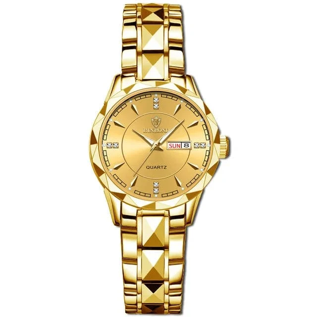 Japan Quarzwerk Goldene Uhren Frauen Top-Marke Luxus Edelstahlarmband Datum Woche Uhr Uhr Reloj Hombre