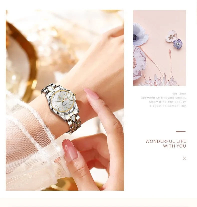 Japan Quarzwerk Goldene Uhren Frauen Top-Marke Luxus Edelstahlarmband Datum Woche Uhr Uhr Reloj Hombre