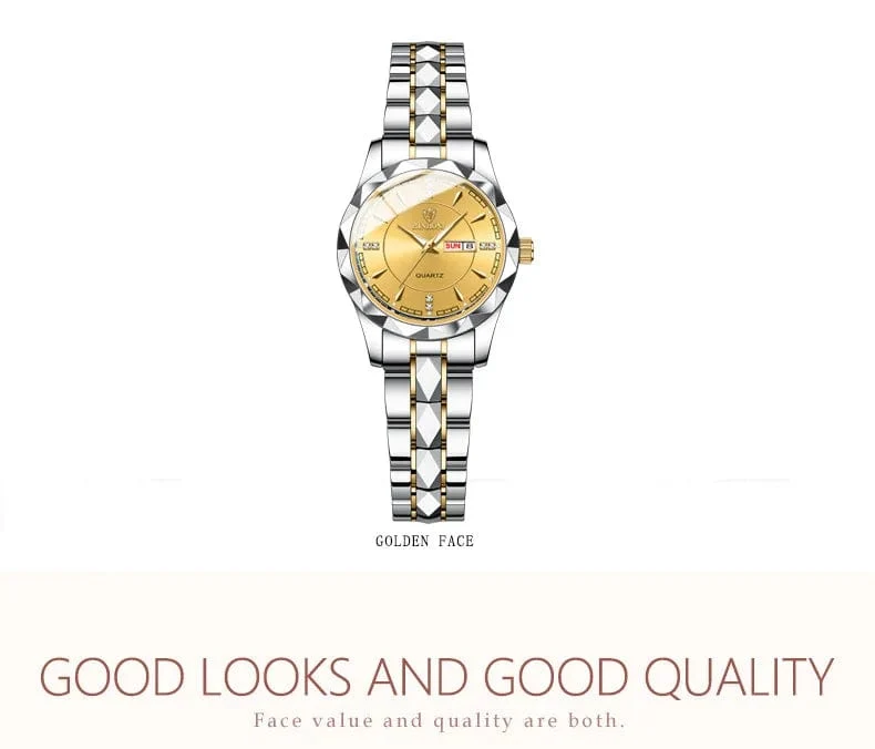 Japan Quarzwerk Goldene Uhren Frauen Top-Marke Luxus Edelstahlarmband Datum Woche Uhr Uhr Reloj Hombre