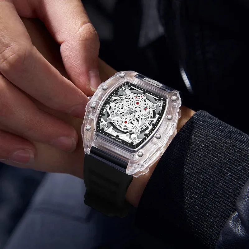 UTHAI BK134 Personalisierte transparente Quarzuhr mit hohlem Gehäuse, lässige Mode, Sport, wasserdicht, Kalender, Herrenuhr