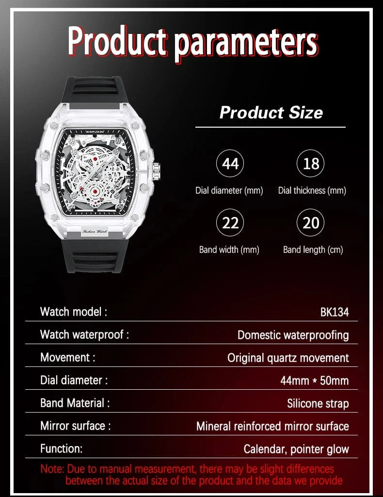 UTHAI BK134 Personalisierte transparente Quarzuhr mit hohlem Gehäuse, lässige Mode, Sport, wasserdicht, Kalender, Herrenuhr