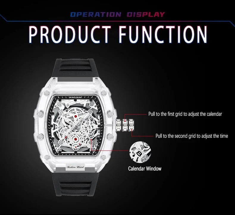 UTHAI BK134 Personalisierte transparente Quarzuhr mit hohlem Gehäuse, lässige Mode, Sport, wasserdicht, Kalender, Herrenuhr