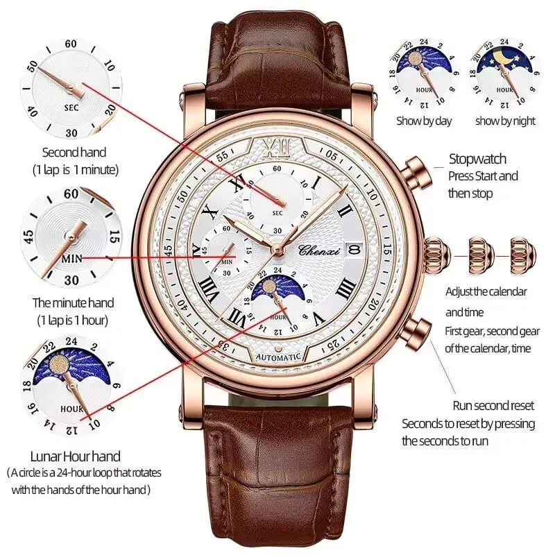 Chenxi 976 Leder Chronograph Datum herren Phase Der Mond Timing Business Leuchtende Quarz Uhr Relojes para hombres