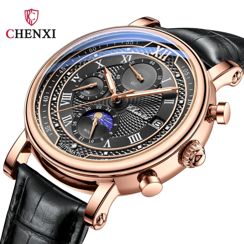 Chenxi 976 Leder Chronograph Datum herren Phase Der Mond Timing Business Leuchtende Quarz Uhr Relojes para hombres