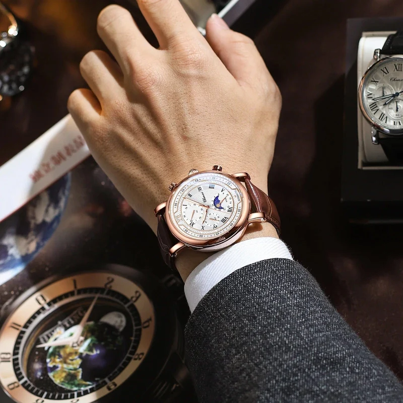 Chenxi 976 Leder Chronograph Datum herren Phase Der Mond Timing Business Leuchtende Quarz Uhr Relojes para hombres
