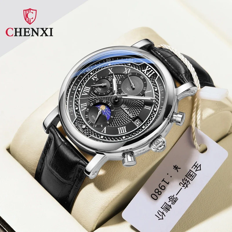 Chenxi 976 Leder Chronograph Datum herren Phase Der Mond Timing Business Leuchtende Quarz Uhr Relojes para hombres
