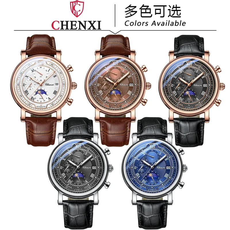 Chenxi 976 Leder Chronograph Datum herren Phase Der Mond Timing Business Leuchtende Quarz Uhr Relojes para hombres