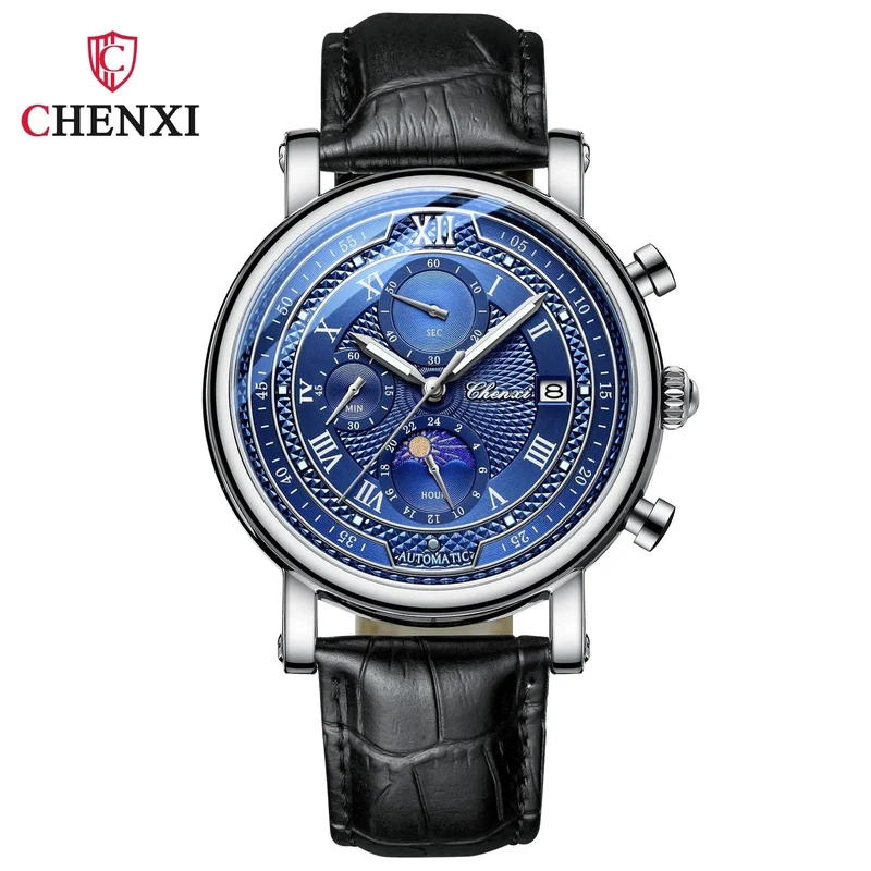 Chenxi 976 Leder Chronograph Datum herren Phase Der Mond Timing Business Leuchtende Quarz Uhr Relojes para hombres