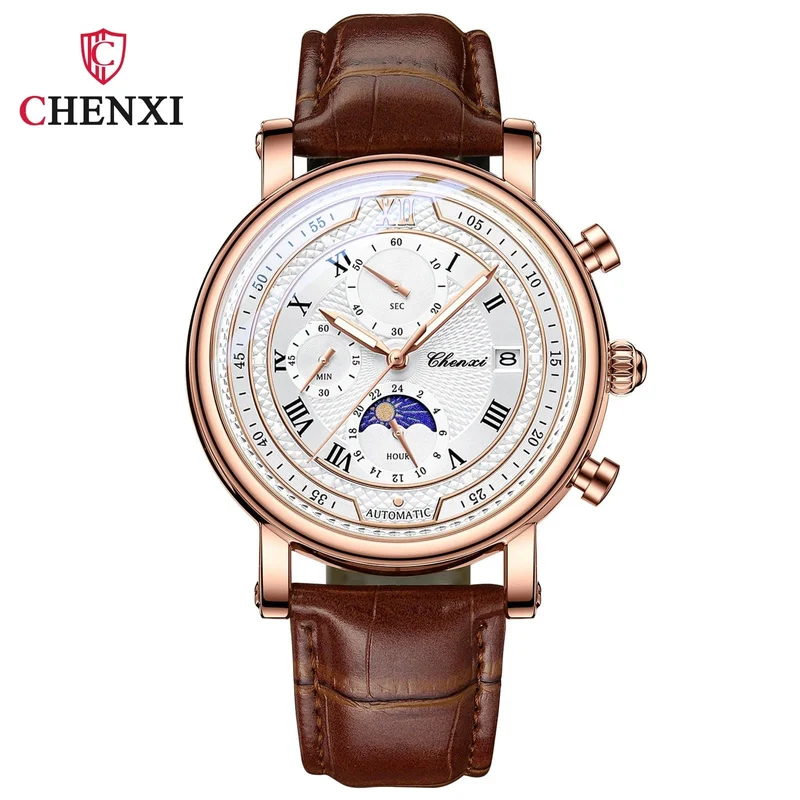Chenxi 976 Leder Chronograph Datum herren Phase Der Mond Timing Business Leuchtende Quarz Uhr Relojes para hombres