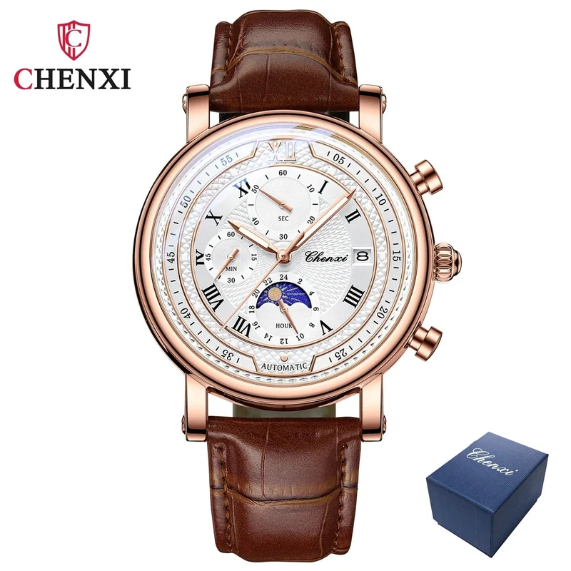Chenxi 976 Leder Chronograph Datum herren Phase Der Mond Timing Business Leuchtende Quarz Uhr Relojes para hombres