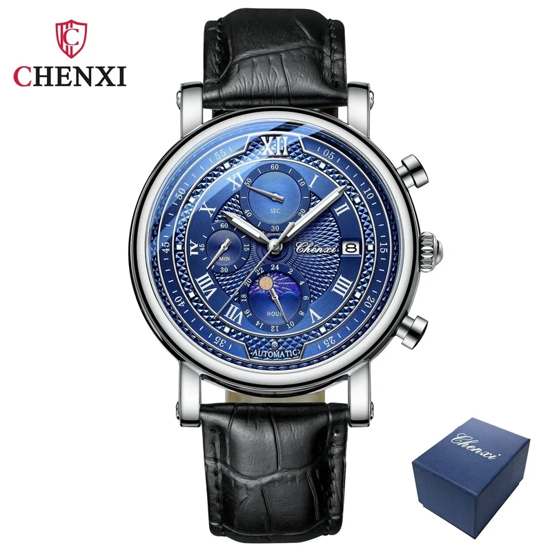 Chenxi 976 Leder Chronograph Datum herren Phase Der Mond Timing Business Leuchtende Quarz Uhr Relojes para hombres