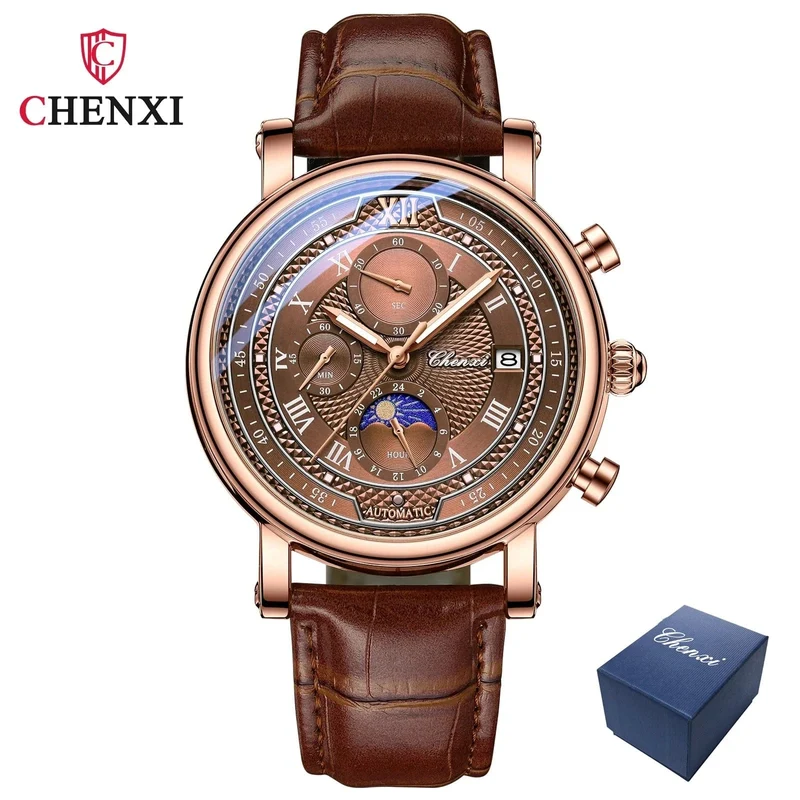 Chenxi 976 Leder Chronograph Datum herren Phase Der Mond Timing Business Leuchtende Quarz Uhr Relojes para hombres