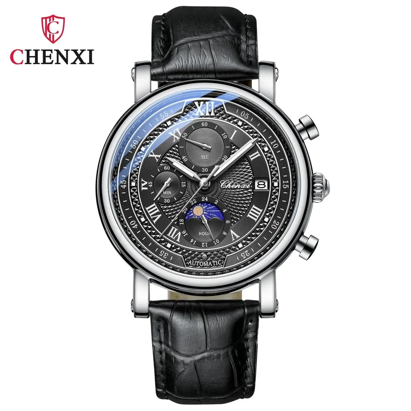 Chenxi 976 Leder Chronograph Datum herren Phase Der Mond Timing Business Leuchtende Quarz Uhr Relojes para hombres
