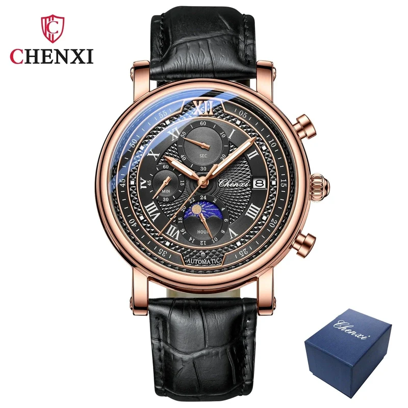 Chenxi 976 Leder Chronograph Datum herren Phase Der Mond Timing Business Leuchtende Quarz Uhr Relojes para hombres