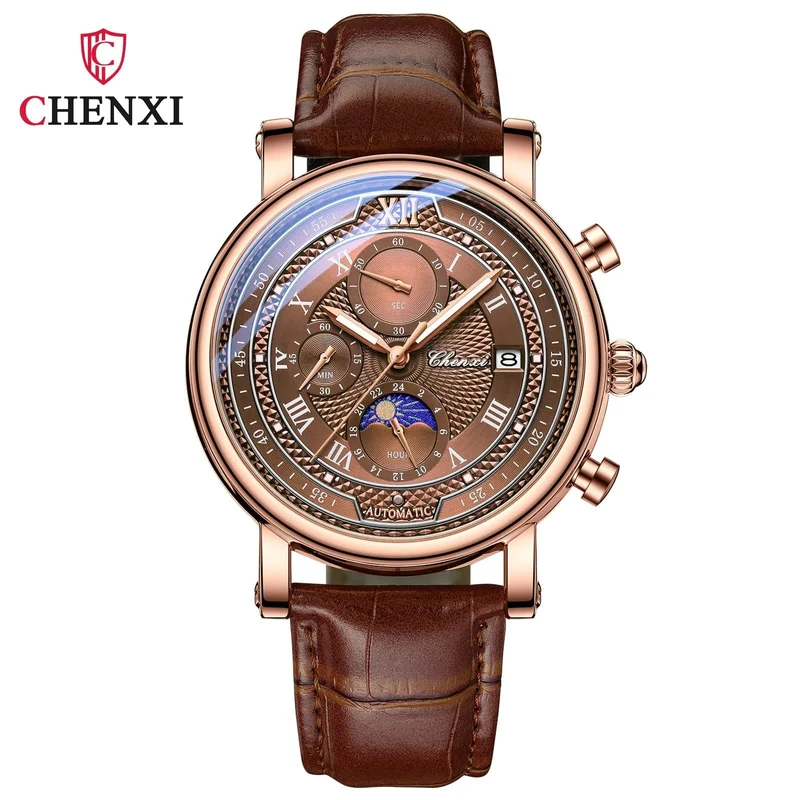Chenxi 976 Leder Chronograph Datum herren Phase Der Mond Timing Business Leuchtende Quarz Uhr Relojes para hombres