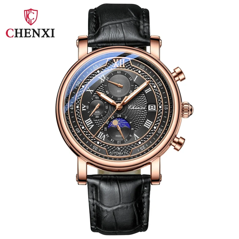 Chenxi 976 Leder Chronograph Datum herren Phase Der Mond Timing Business Leuchtende Quarz Uhr Relojes para hombres