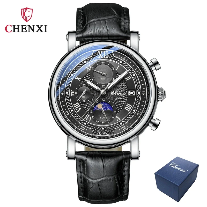 Chenxi 976 Leder Chronograph Datum herren Phase Der Mond Timing Business Leuchtende Quarz Uhr Relojes para hombres