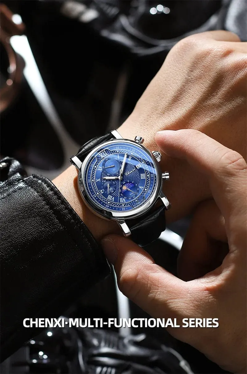 Chenxi 976 Leder Chronograph Datum herren Phase Der Mond Timing Business Leuchtende Quarz Uhr Relojes para hombres
