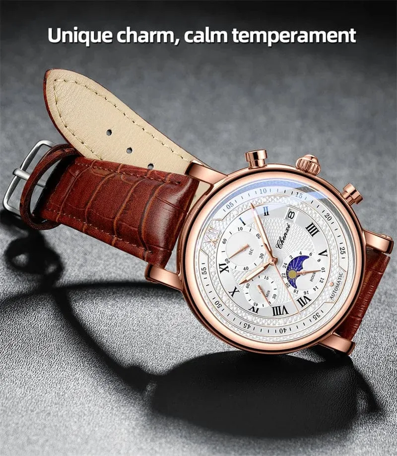 Chenxi 976 Leder Chronograph Datum herren Phase Der Mond Timing Business Leuchtende Quarz Uhr Relojes para hombres