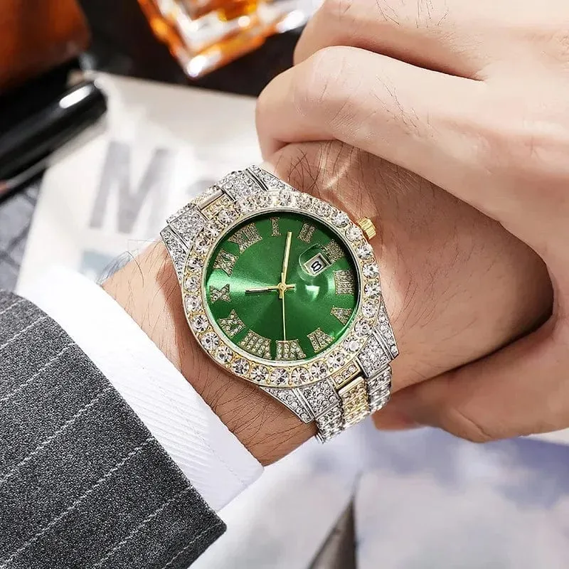 Personalisierte Hip-Hop-Armbanduhr mit glänzenden Strasssteinen für Herren, Luxusuhr, Armbandlänge, geeister Stahlgürtel, Glaszifferblatt mit 40 mm Durchmesser