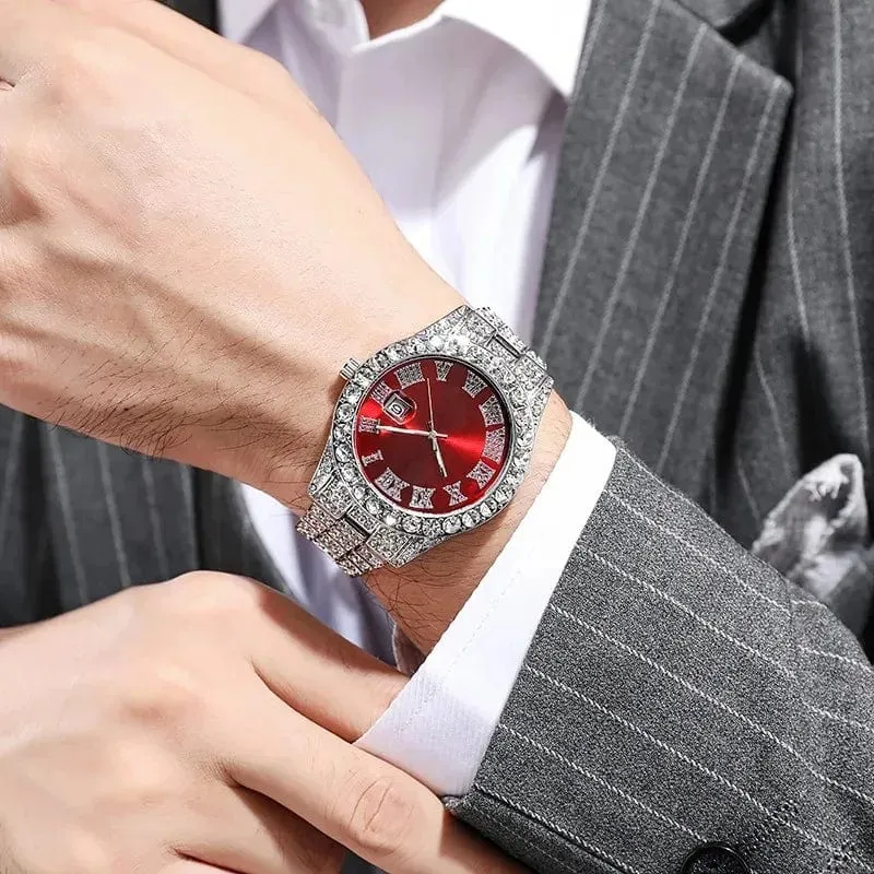 Personalisierte Hip-Hop-Armbanduhr mit glänzenden Strasssteinen für Herren, Luxusuhr, Armbandlänge, geeister Stahlgürtel, Glaszifferblatt mit 40 mm Durchmesser