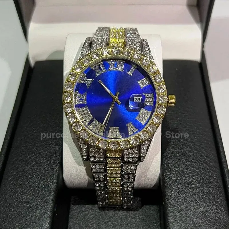 Personalisierte Hip-Hop-Armbanduhr mit glänzenden Strasssteinen für Herren, Luxusuhr, Armbandlänge, geeister Stahlgürtel, Glaszifferblatt mit 40 mm Durchmesser