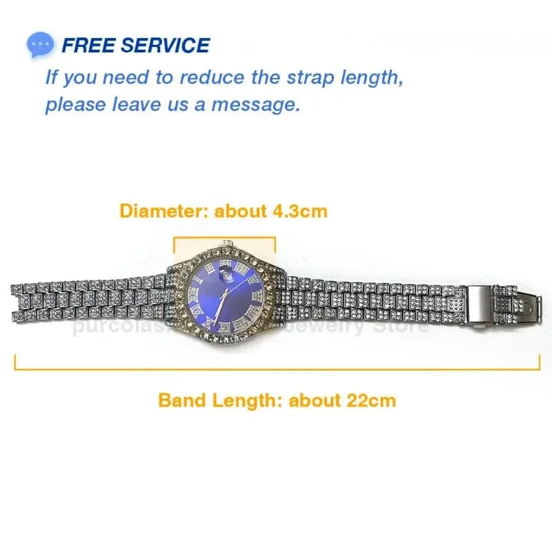 Personalisierte Hip-Hop-Armbanduhr mit glänzenden Strasssteinen für Herren, Luxusuhr, Armbandlänge, geeister Stahlgürtel, Glaszifferblatt mit 40 mm Durchmesser