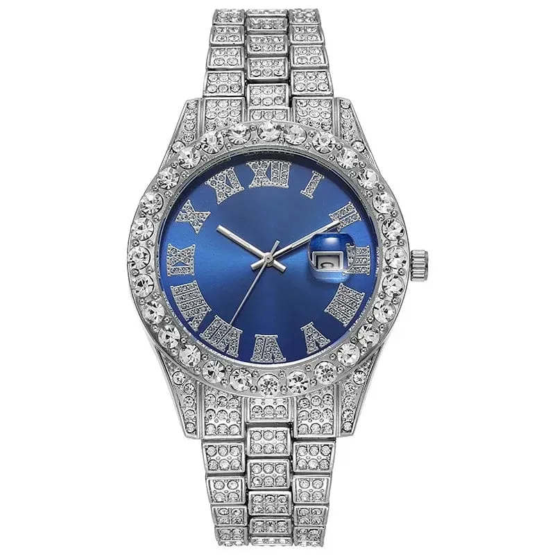 Personalisierte Hip-Hop-Armbanduhr mit glänzenden Strasssteinen für Herren, Luxusuhr, Armbandlänge, geeister Stahlgürtel, Glaszifferblatt mit 40 mm Durchmesser