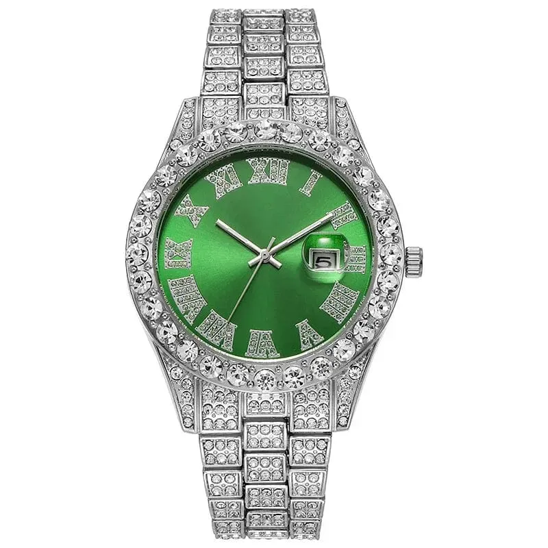 Personalisierte Hip-Hop-Armbanduhr mit glänzenden Strasssteinen für Herren, Luxusuhr, Armbandlänge, geeister Stahlgürtel, Glaszifferblatt mit 40 mm Durchmesser
