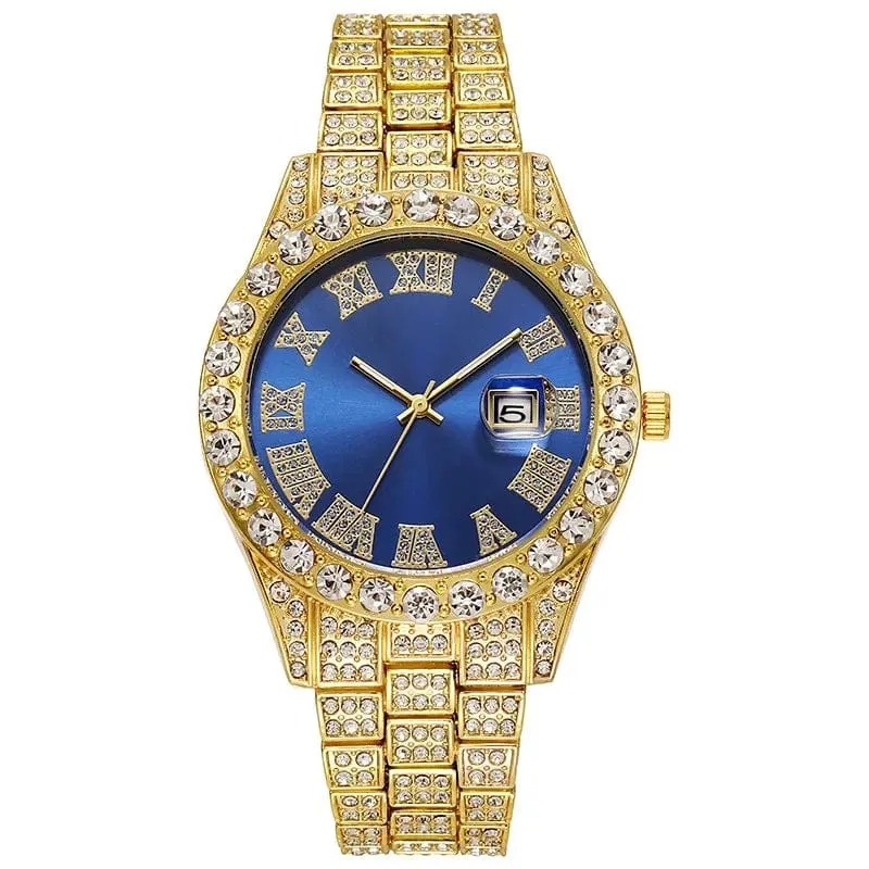 Personalisierte Hip-Hop-Armbanduhr mit glänzenden Strasssteinen für Herren, Luxusuhr, Armbandlänge, geeister Stahlgürtel, Glaszifferblatt mit 40 mm Durchmesser