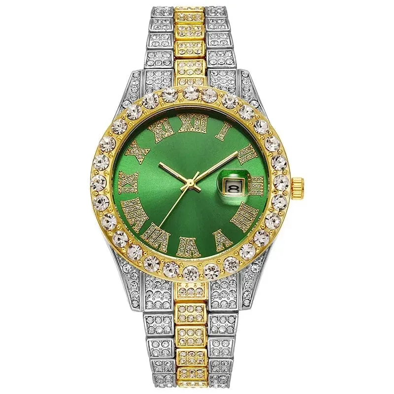 Personalisierte Hip-Hop-Armbanduhr mit glänzenden Strasssteinen für Herren, Luxusuhr, Armbandlänge, geeister Stahlgürtel, Glaszifferblatt mit 40 mm Durchmesser