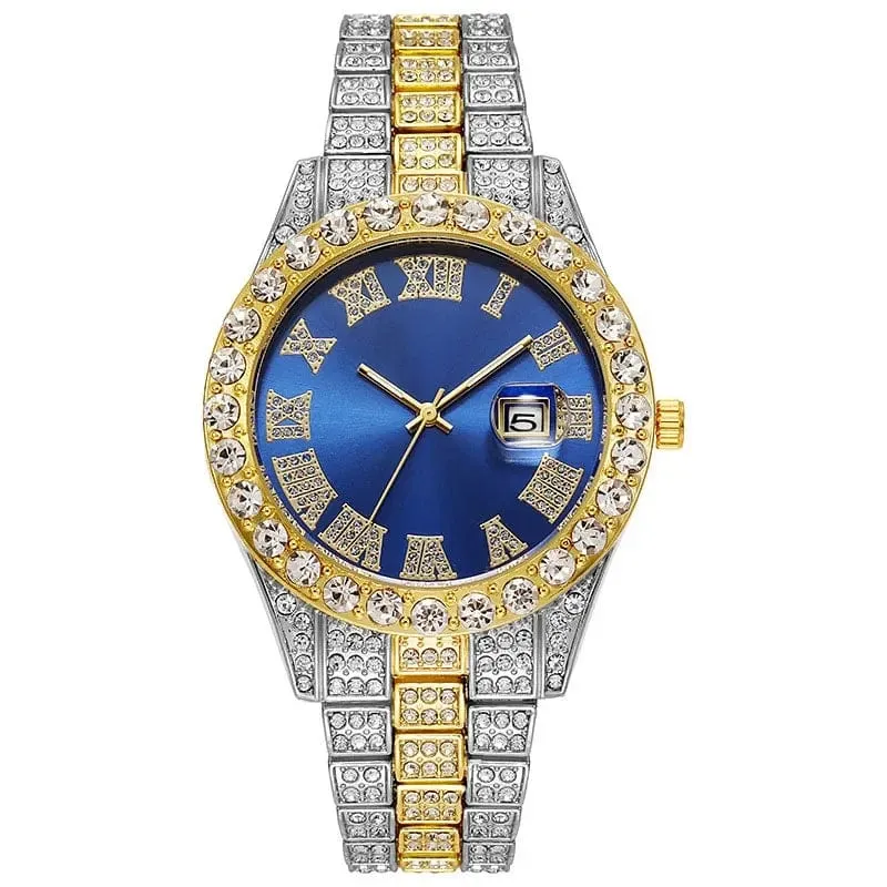 Personalisierte Hip-Hop-Armbanduhr mit glänzenden Strasssteinen für Herren, Luxusuhr, Armbandlänge, geeister Stahlgürtel, Glaszifferblatt mit 40 mm Durchmesser