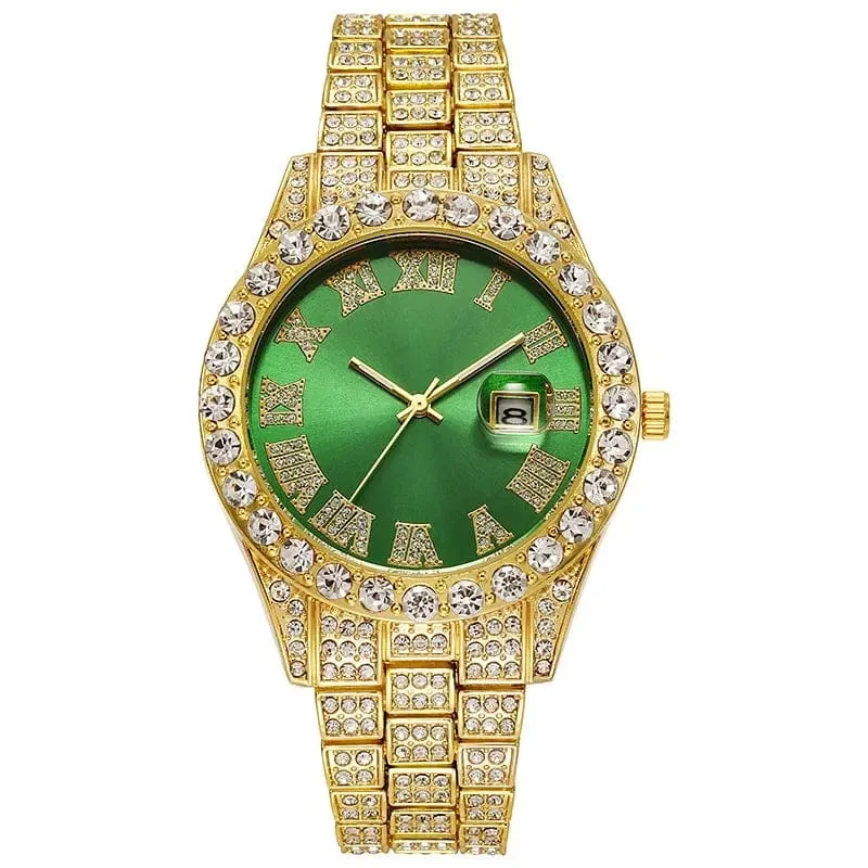 Personalisierte Hip-Hop-Armbanduhr mit glänzenden Strasssteinen für Herren, Luxusuhr, Armbandlänge, geeister Stahlgürtel, Glaszifferblatt mit 40 mm Durchmesser