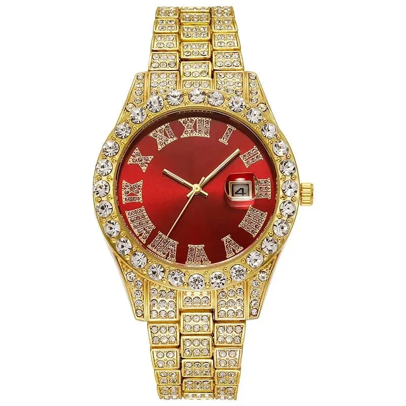 Personalisierte Hip-Hop-Armbanduhr mit glänzenden Strasssteinen für Herren, Luxusuhr, Armbandlänge, geeister Stahlgürtel, Glaszifferblatt mit 40 mm Durchmesser