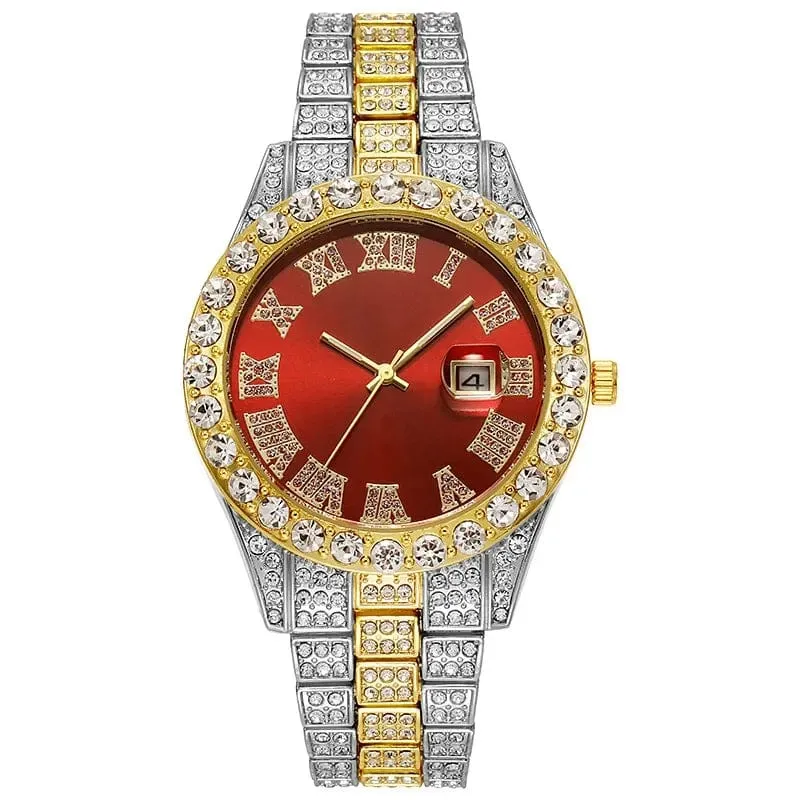 Personalisierte Hip-Hop-Armbanduhr mit glänzenden Strasssteinen für Herren, Luxusuhr, Armbandlänge, geeister Stahlgürtel, Glaszifferblatt mit 40 mm Durchmesser
