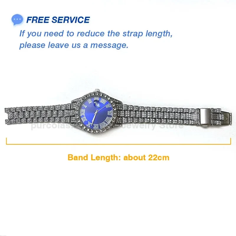Personalisierte Hip-Hop-Armbanduhr mit glänzenden Strasssteinen für Herren, Luxusuhr, Armbandlänge, geeister Stahlgürtel, Glaszifferblatt mit 40 mm Durchmesser