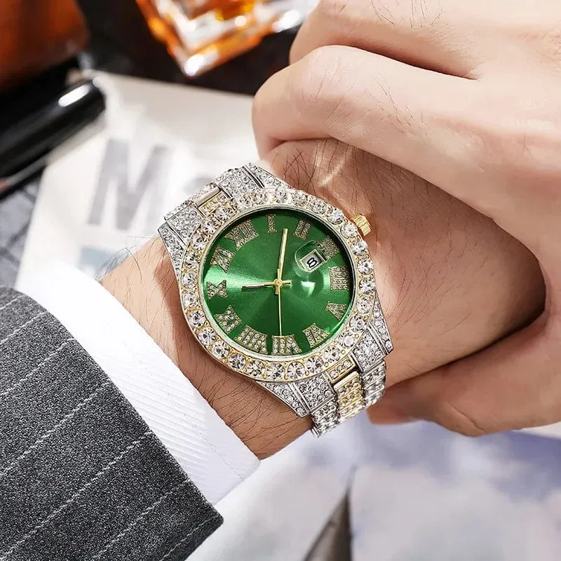 Personalisierte Hip-Hop-Armbanduhr mit glänzenden Strasssteinen für Herren, Luxusuhr, Armbandlänge, geeister Stahlgürtel, Glaszifferblatt mit 40 mm Durchmesser