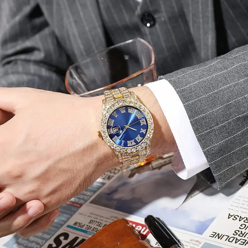 Personalisierte Hip-Hop-Armbanduhr mit glänzenden Strasssteinen für Herren, Luxusuhr, Armbandlänge, geeister Stahlgürtel, Glaszifferblatt mit 40 mm Durchmesser