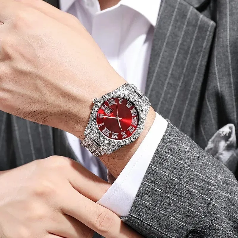 Personalisierte Hip-Hop-Armbanduhr mit glänzenden Strasssteinen für Herren, Luxusuhr, Armbandlänge, geeister Stahlgürtel, Glaszifferblatt mit 40 mm Durchmesser