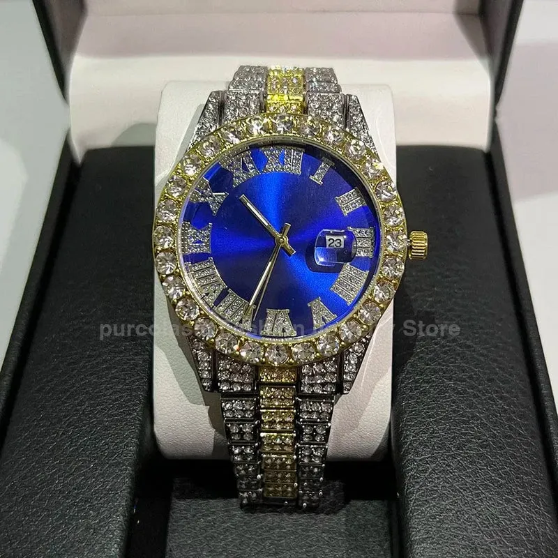 Personalisierte Hip-Hop-Armbanduhr mit glänzenden Strasssteinen für Herren, Luxusuhr, Armbandlänge, geeister Stahlgürtel, Glaszifferblatt mit 40 mm Durchmesser